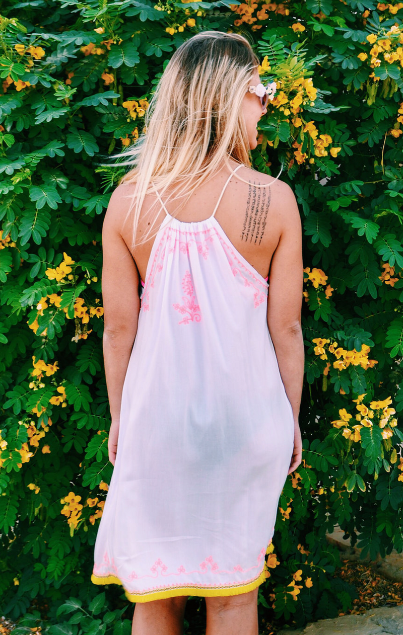Racer Neck and Back Beach Dress - White with Pink Embroidery
