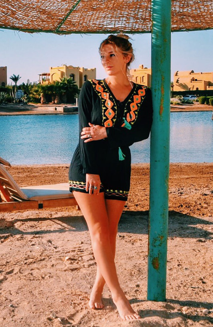 Long Sleeve Lace-up Embroidered Trim Playsuit - Black