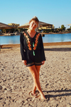 Long Sleeve Lace-up Embroidered Trim Playsuit - Black