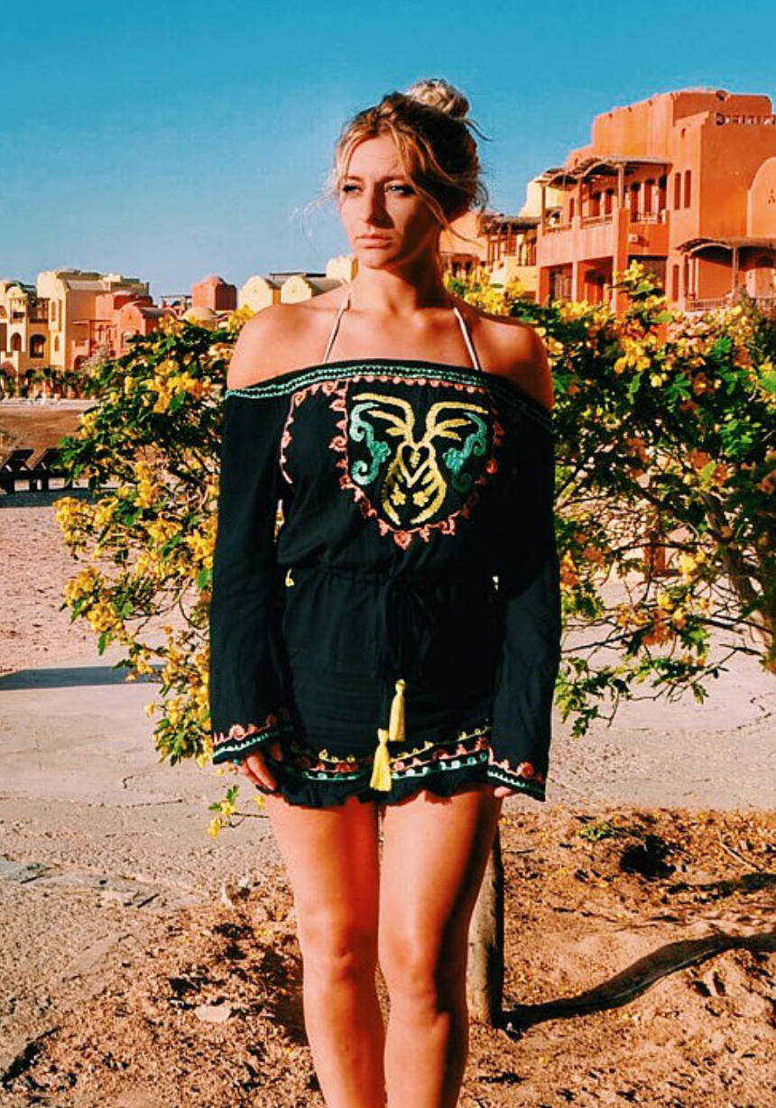 AZTEC Bardot Playsuit - Black with Pastel Embroidery