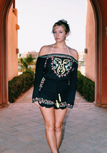 AZTEC Bardot Playsuit - Black with Pastel Embroidery