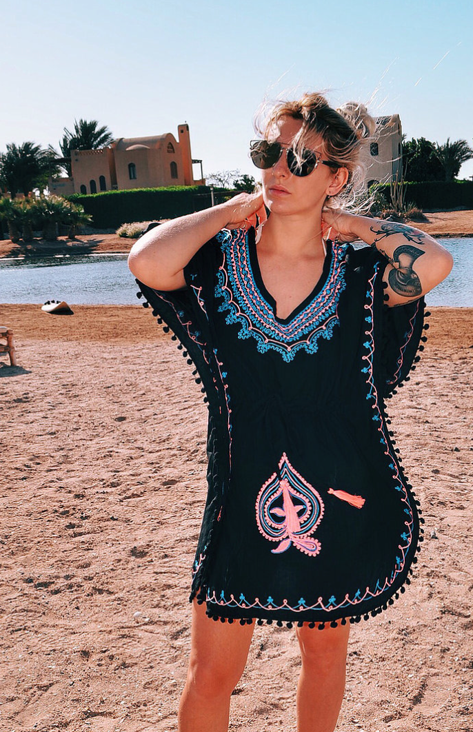 Clubs & Spades - Embroidered Kaftan - Black/Blue