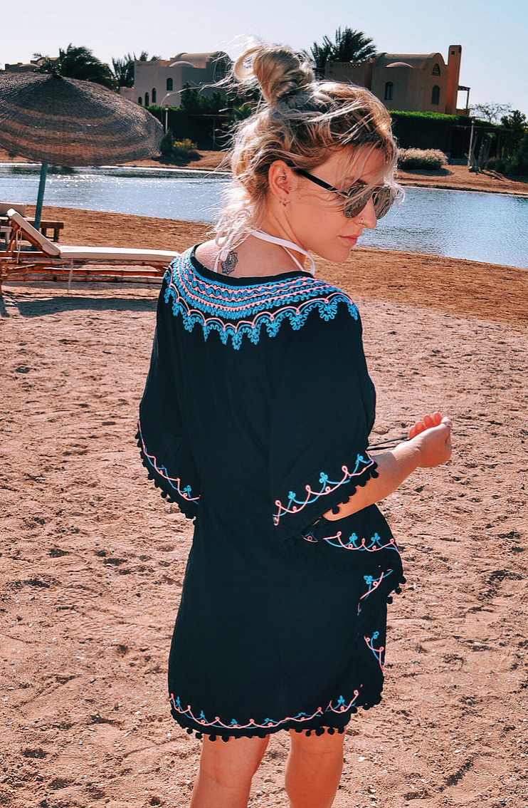 Clubs & Spades - Embroidered Kaftan - Black/Blue