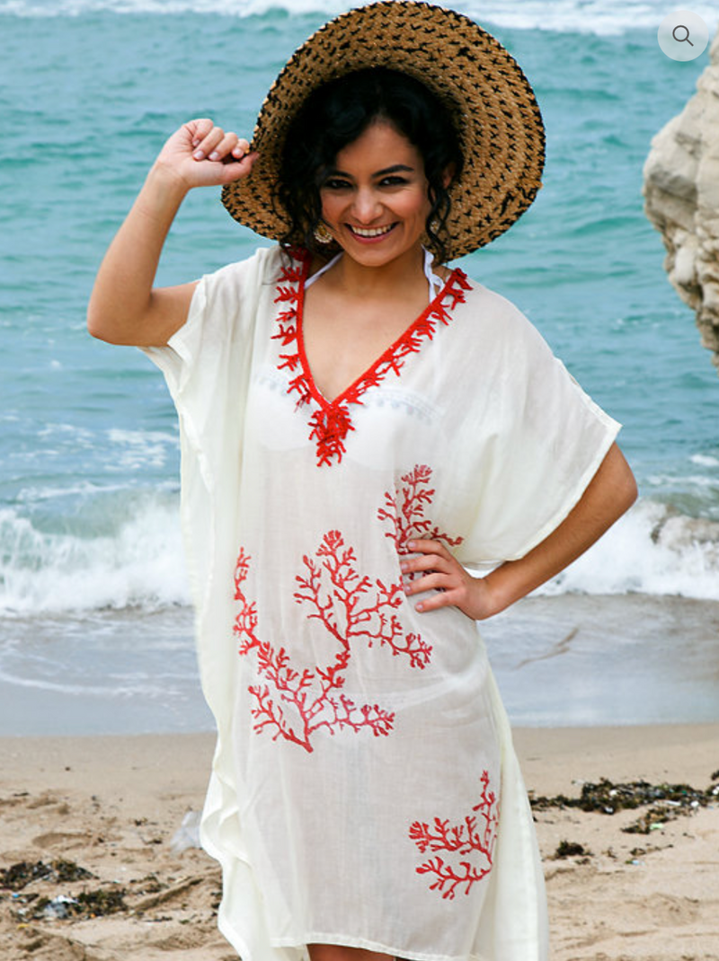 Nermines VIP Hand-Painted Reef - Kaftan - Cream/Pink