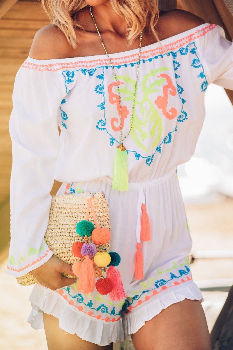 AZTEC Bardot Playsuit - White with Neon Embroidery